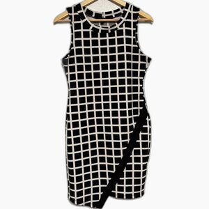 Snap Black White Grid Print Asymmetrical Faux Wrap Bodycon Mini Dress Size Large